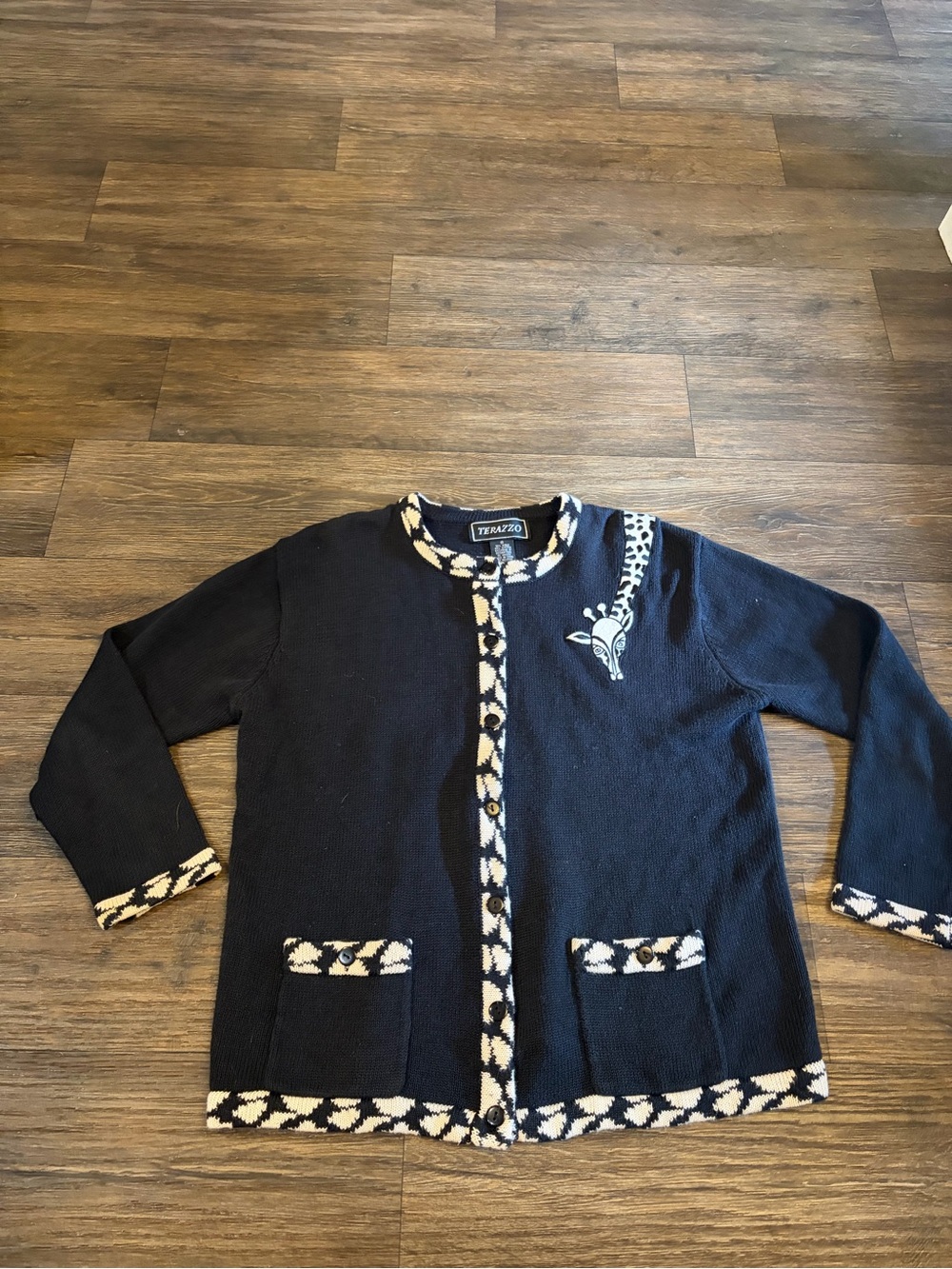 Vintage 90s Woman’s Terazzo Black Abstract Giraffe Cardigan Size Small - Picture 2 of 8